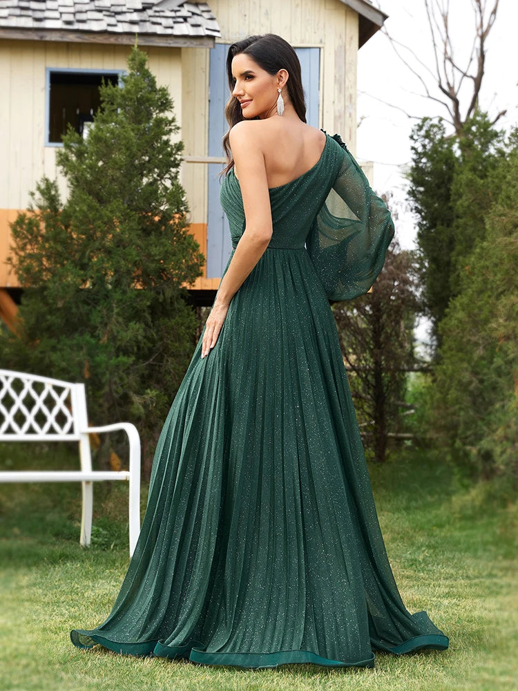 BluePlum Elegant one-shoulder Long Sleeves Sparkle Floor Length Evening Dress 2024 Green Flower Bridesmaid Party Cocktail Prom | Blue Plum - Blue Plum