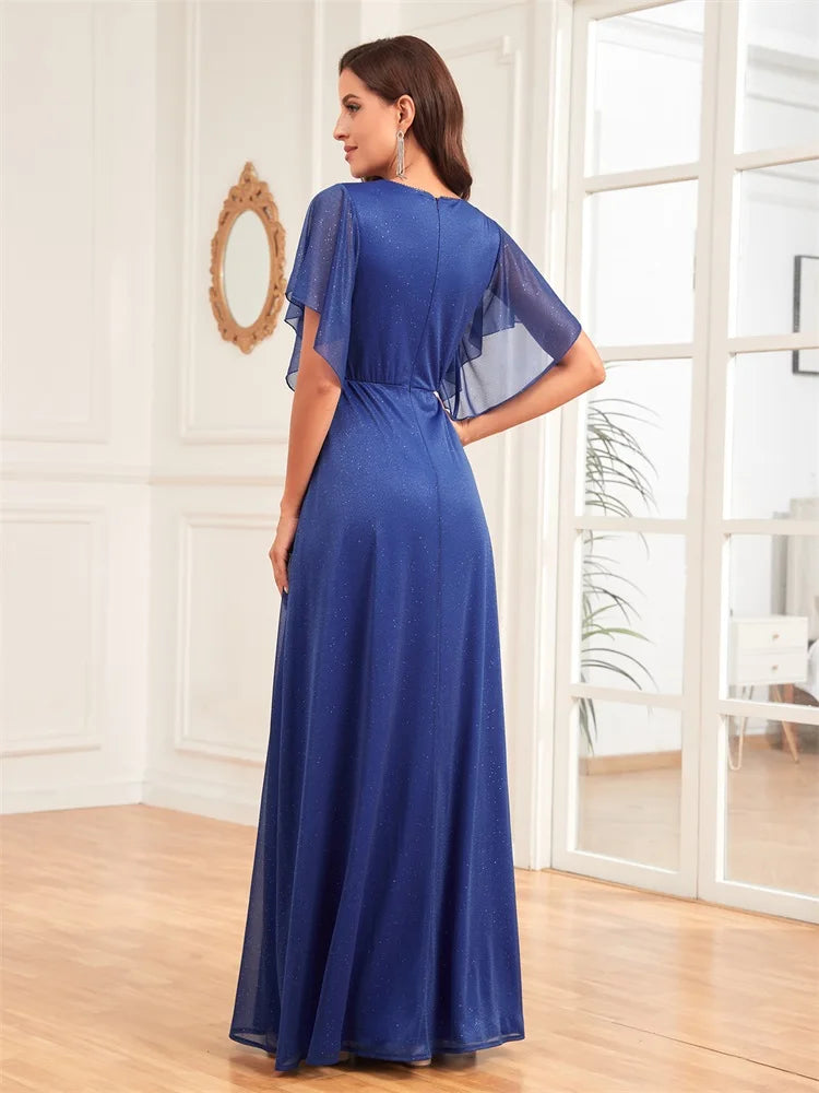 BluePlum Luxury Chiffon Maxi V-neck Royal Blue Long Dress Women Elegant Flared Sleeves Chiffon Wedding Party Evening Dress Prom | Blue Plum - Blue Plum