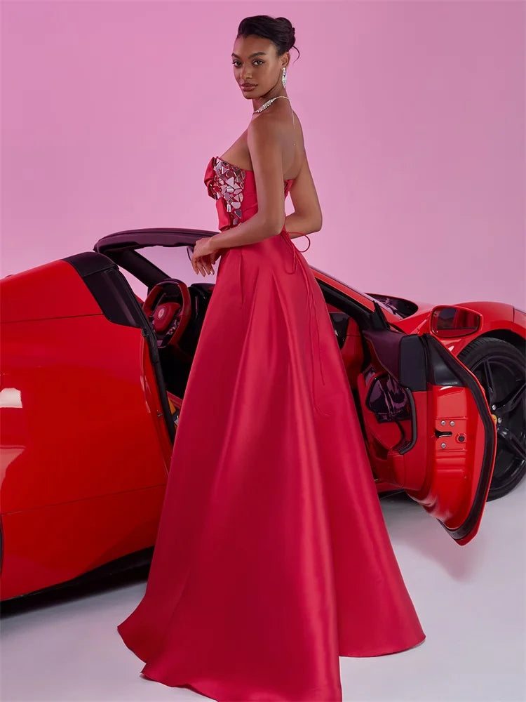 Blueplum Red Satin Split A-line Evening Dress | Blue Plum - Blue Plum