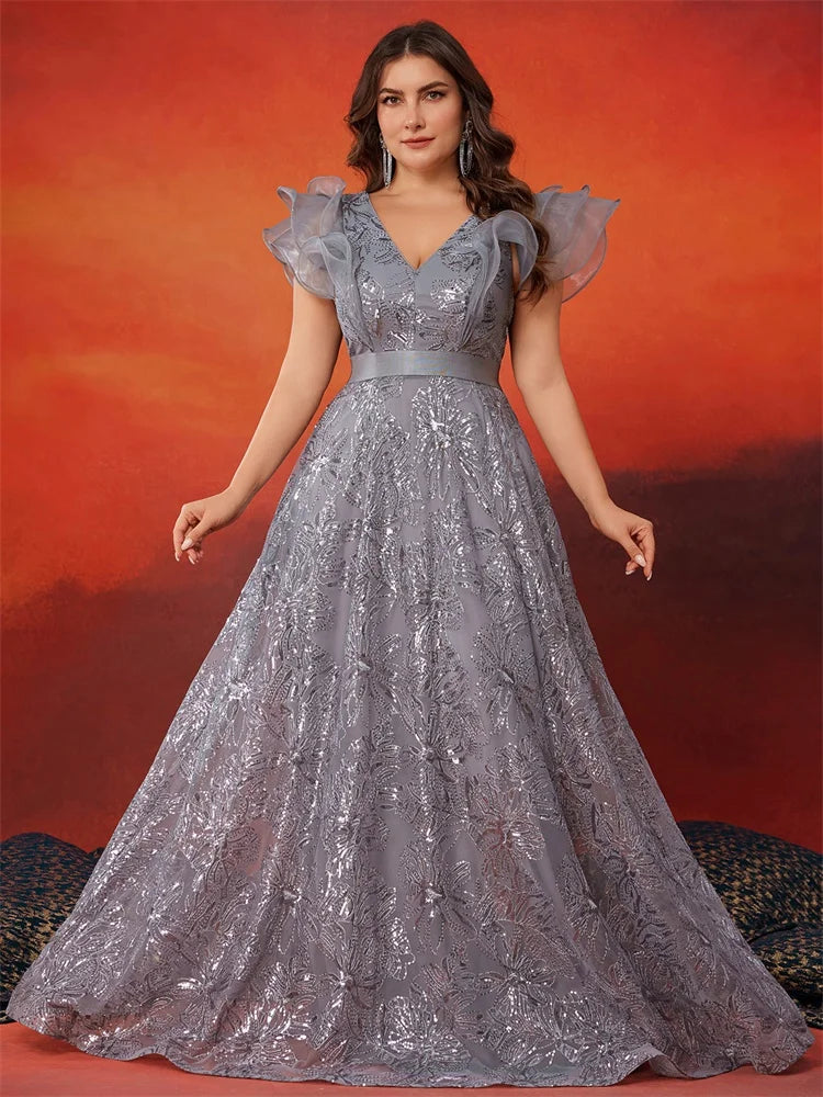 BluePlum Plus Size Grey Sequins V-Neck Evening Dress | Blue Plum - Blue Plum