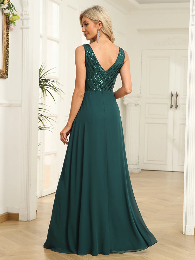 BluePlum Elegant Chiffon Prom Dress Long Sexy V Neck A-Line Sequin Formal Evening Dress 2024 Women Dark Green Bridesmaid Dress | Blue Plum - Blue Plum