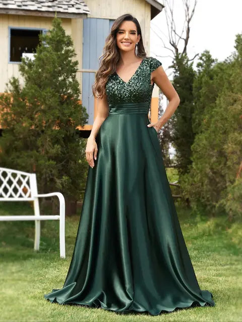 Luxury Blue Sequins V-Neck Evening Gown | Blue Plum - Blue Plum