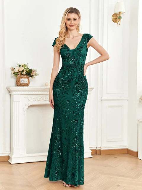 Elegant Green Sequin Mermaid Evening Dress | Blue Plum - Blue Plum
