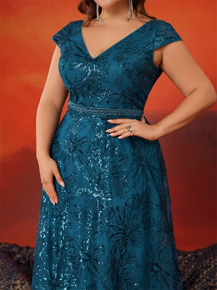 BluePlum Plus Size Luxury V-Back Sequins Blue Evening Dress Women Elegant V-back Wedding Party Long Prom Cocktail Dresses Gown | Blue Plum - Blue Plum