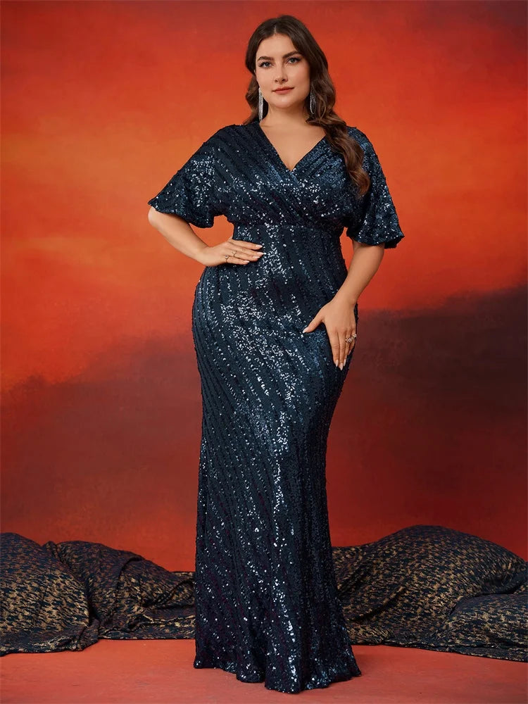 BluePlum Plus Size Sequin V-Neck Evening Dress | Blue Plum - Blue Plum
