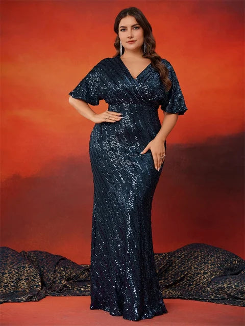 BluePlum Plus Size Sequin V-Neck Evening Dress | Blue Plum - Blue Plum