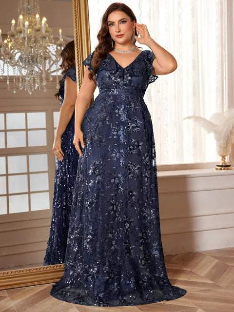 BluePlum Elegant Plus Size V-Neck Evening Dress | Blue Plum - Blue Plum