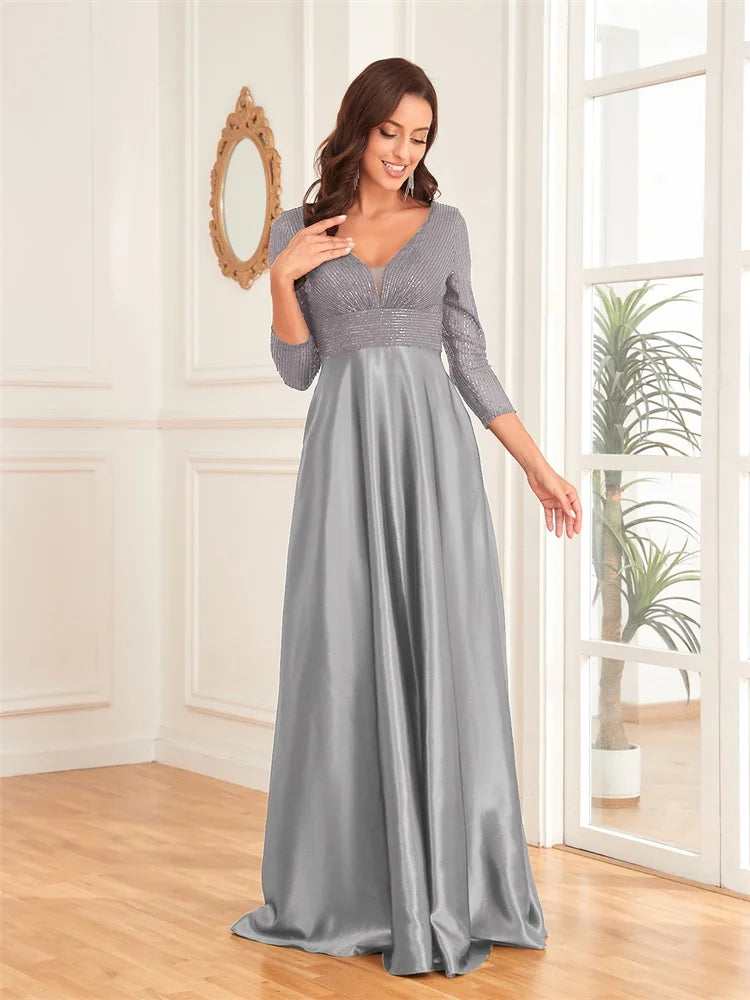 Luxury Deep V-Neck Sequins Evening Dress | Blue Plum - Blue Plum