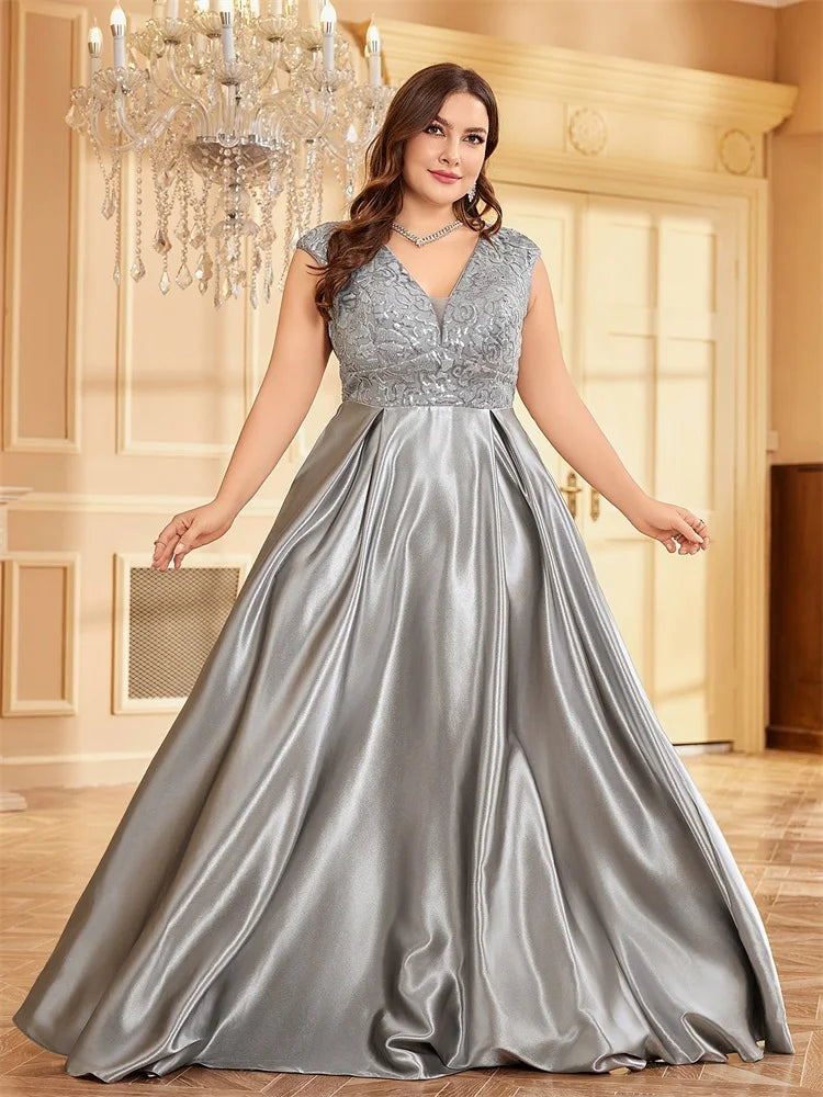 BluePlum Plus Size Luxury Grey Satin V-Neck Evening Dress Elegant 2024 Women Wedding Party Prom Floor Lenght Cocktail Dress | Blue Plum - Blue Plum