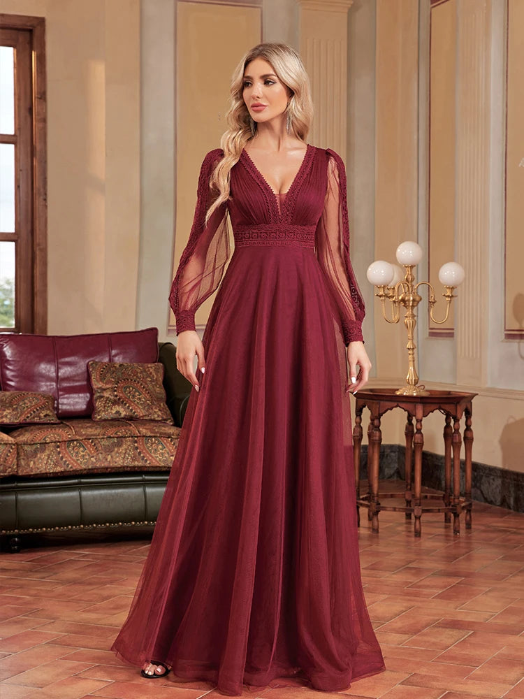 BluePlum Elegant Tulle Blue Evening Dress Women Chiffon Long Sleeve V-Neck Maxi Floor-Length Gown 2025 Aline Bridesmaid Prom Dress | Blue Plum - Blue Plum