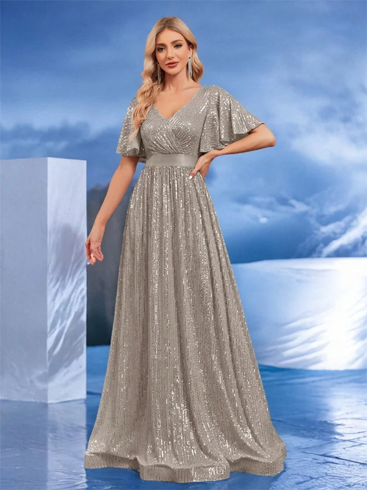 Luxury Sequin V-Neck Formal Evening Maxi Dress | Blue Plum - Blue Plum