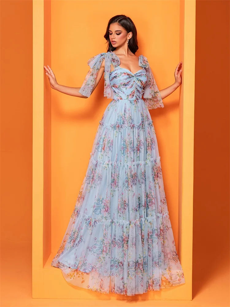 Elegant Blue V-Back Chiffon Evening Dress | Blue Plum - Blue Plum
