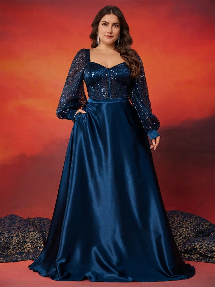 BluePlum Plus Size Luxury Blue V-Neck Sequin Evening Dress Elegant Women Party Maxi Dress Long Sleeve Cocktail Dress Prom Gown | Blue Plum - Blue Plum