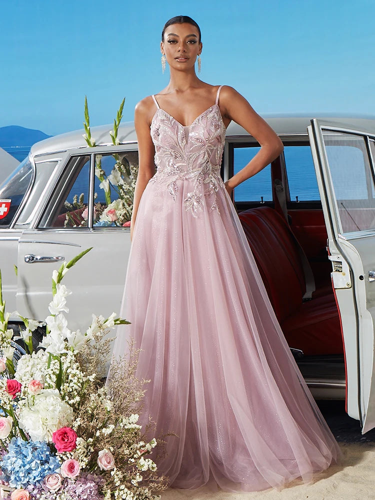 Pink V-neck Bridesmaid Evening Dress with Blueplum Suspenders | Blue Plum - Blue Plum