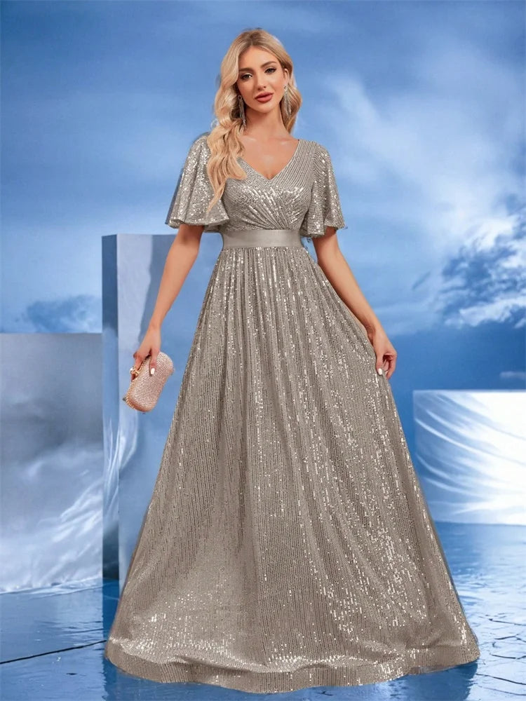 Luxury Sequin V-Neck Formal Evening Maxi Dress | Blue Plum - Blue Plum