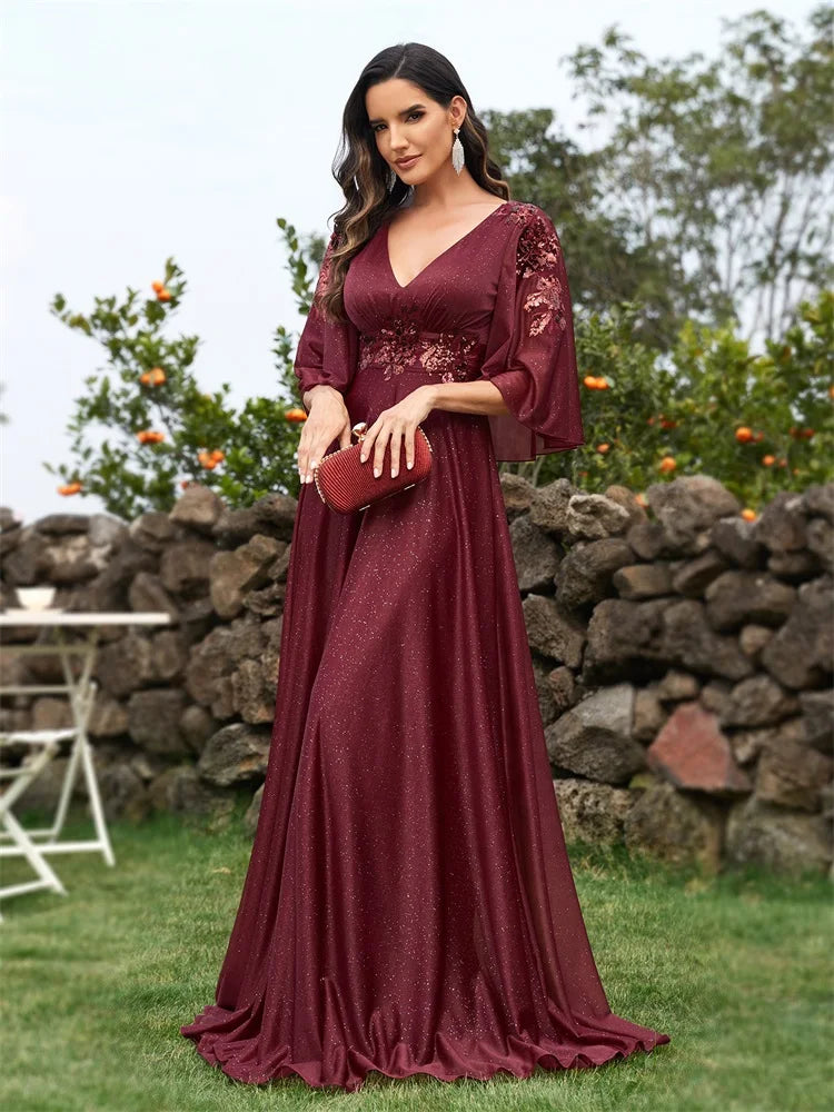 BluePlum Elegant Shining Short sleeve Navy Formal Evening Dress Long 2024 Luxury Women Wedding Party Dress Cocktail Prom Gowns | Blue Plum - Blue Plum