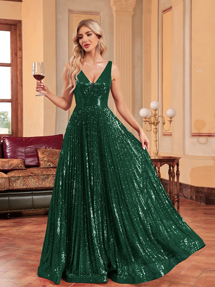 Luxury Luxury V-Neck Sleeveless Green Evening Dress Women Sequins Wedding Party Prom Maxi Cocktail Dresses Long Lenght Vestidos | Blue Plum - Blue Plum