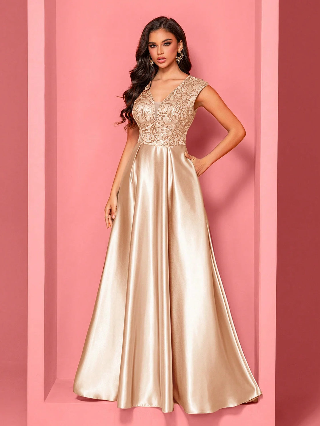 Luxury Blueplum Gold Satin V-Neck Sequin Evening Dress | Blue Plum - Blue Plum