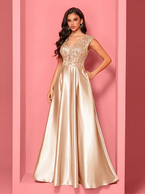 Luxury Blueplum Gold Satin V-Neck Sequin Evening Dress | Blue Plum - Blue Plum