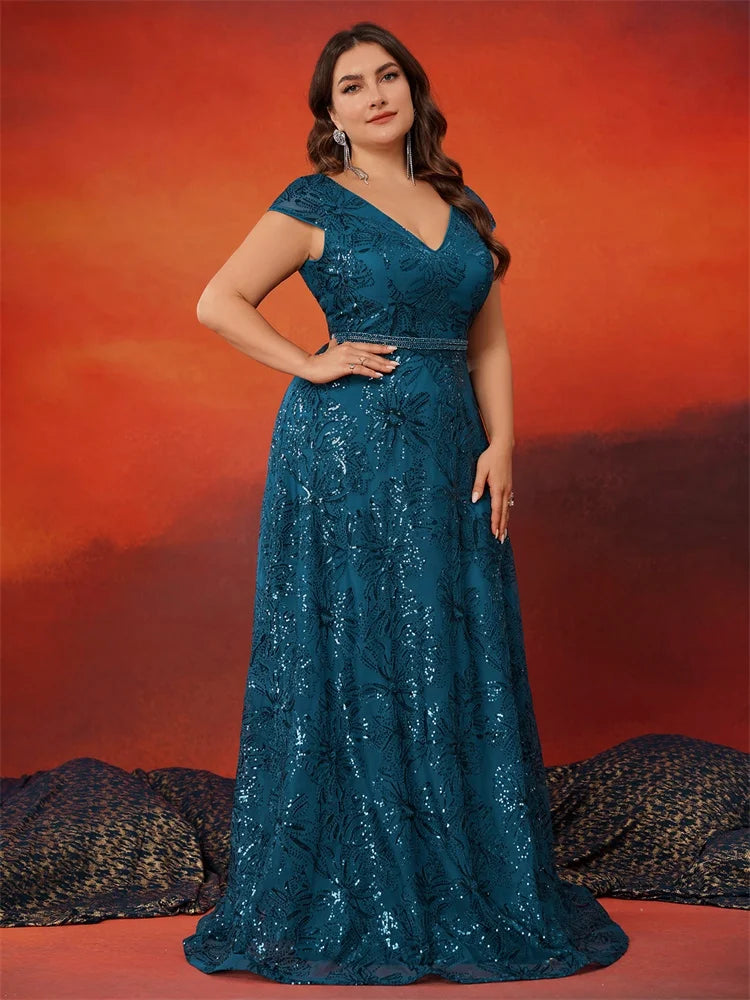 BluePlum Plus Size Luxury V-Back Sequins Blue Evening Dress Women Elegant V-back Wedding Party Long Prom Cocktail Dresses Gown | Blue Plum - Blue Plum