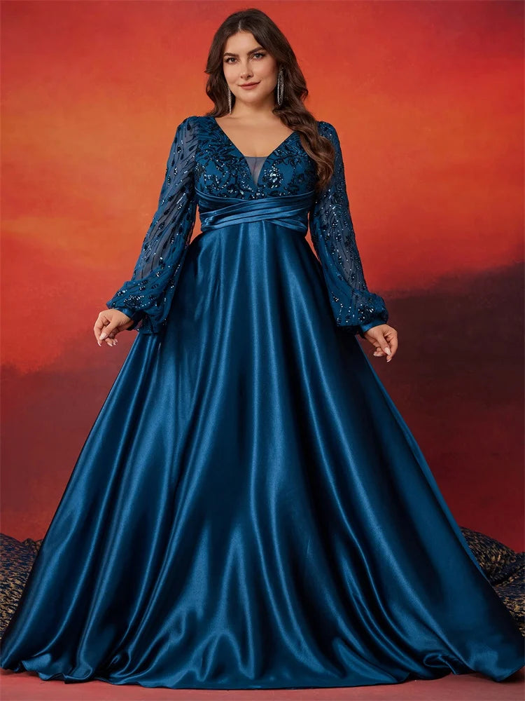 Luxury Blue Satin V-Neck Evening Dress - Plus Size | Blue Plum - Blue Plum