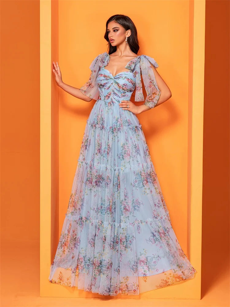 Elegant Blue V-Back Chiffon Evening Dress | Blue Plum - Blue Plum