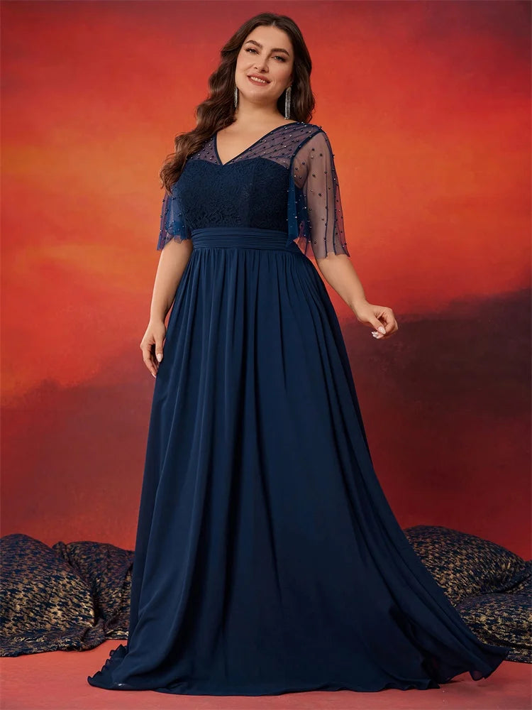 BluePlum Plus Size Luxury V-Neck Chiffon Blue Evening Dress Women Elegant V-back Wedding Party Long Prom Cocktail Dress | Blue Plum - Blue Plum