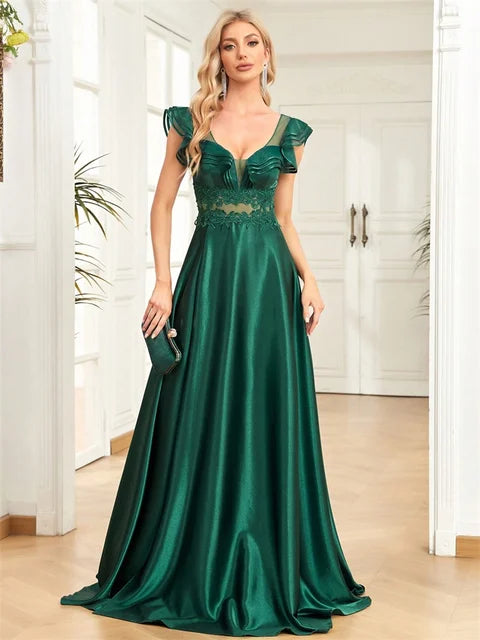 Luxury Green Satin Evening Dress - Sleeveless Deep V-Neck Maxi Gown | Blue Plum - Blue Plum