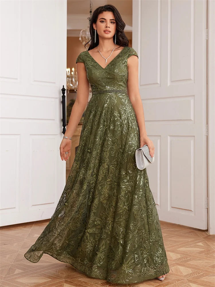 BluePlum New Luxury V-Neck Green Sequins Evening Dress Elegant Long Women V-back Wedding Party Long Prom Cocktail Dress Gowns | Blue Plum - Blue Plum