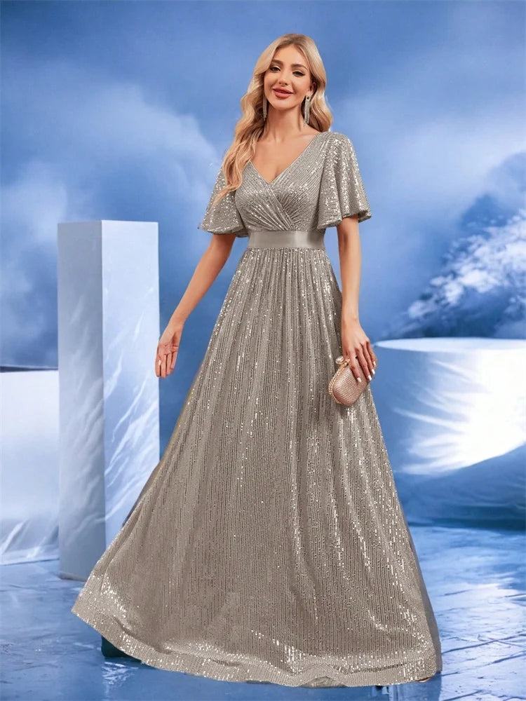 Luxury Sequin V-Neck Formal Evening Maxi Dress | Blue Plum - Blue Plum
