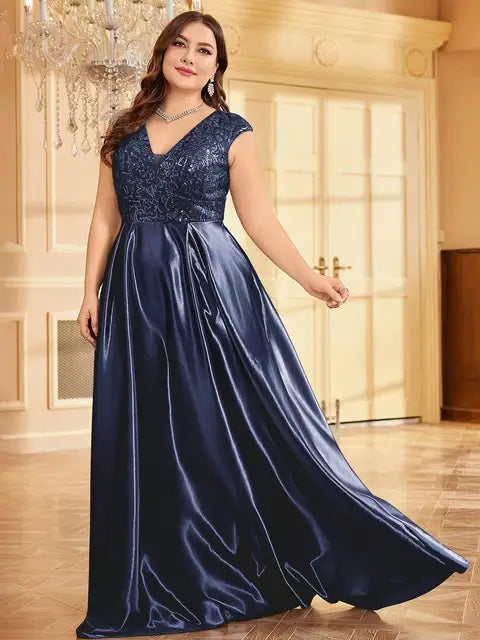 BluePlum Plus Size Luxury Grey Satin V-Neck Evening Dress Elegant 2024 Women Wedding Party Prom Floor Lenght Cocktail Dress | Blue Plum - Blue Plum