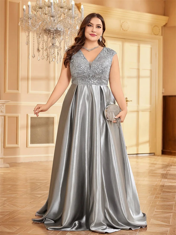 BluePlum Plus Size Luxury Grey Satin V-Neck Evening Dress Elegant 2024 Women Wedding Party Prom Floor Lenght Cocktail Dress | Blue Plum - Blue Plum