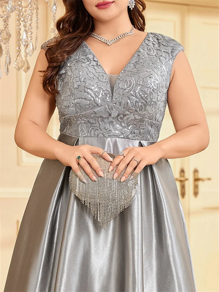 BluePlum Plus Size Luxury Grey Satin V-Neck Evening Dress Elegant 2024 Women Wedding Party Prom Floor Lenght Cocktail Dress | Blue Plum - Blue Plum