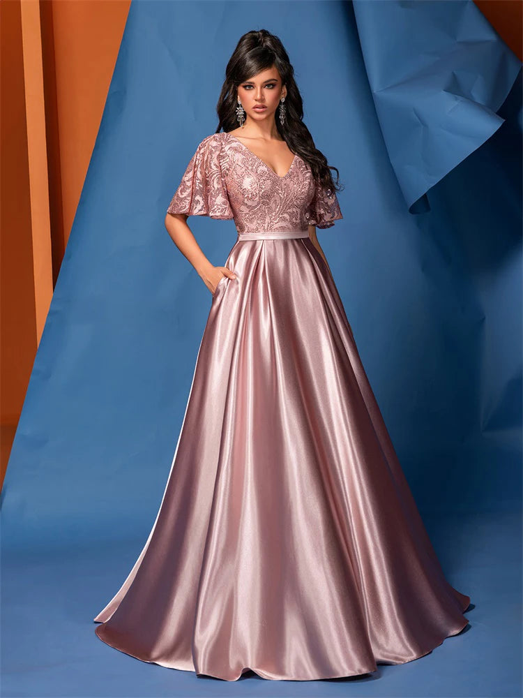 BluePlum Elegant Short Sleeve Pink Satin Formal Evening Dress Luxury Long Women Mermaid Wedding Party Dress Cocktail Prom | Blue Plum - Blue Plum