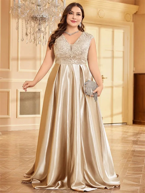 BluePlum Plus Size Luxury Grey Satin V-Neck Evening Dress Elegant 2024 Women Wedding Party Prom Floor Lenght Cocktail Dress | Blue Plum - Blue Plum