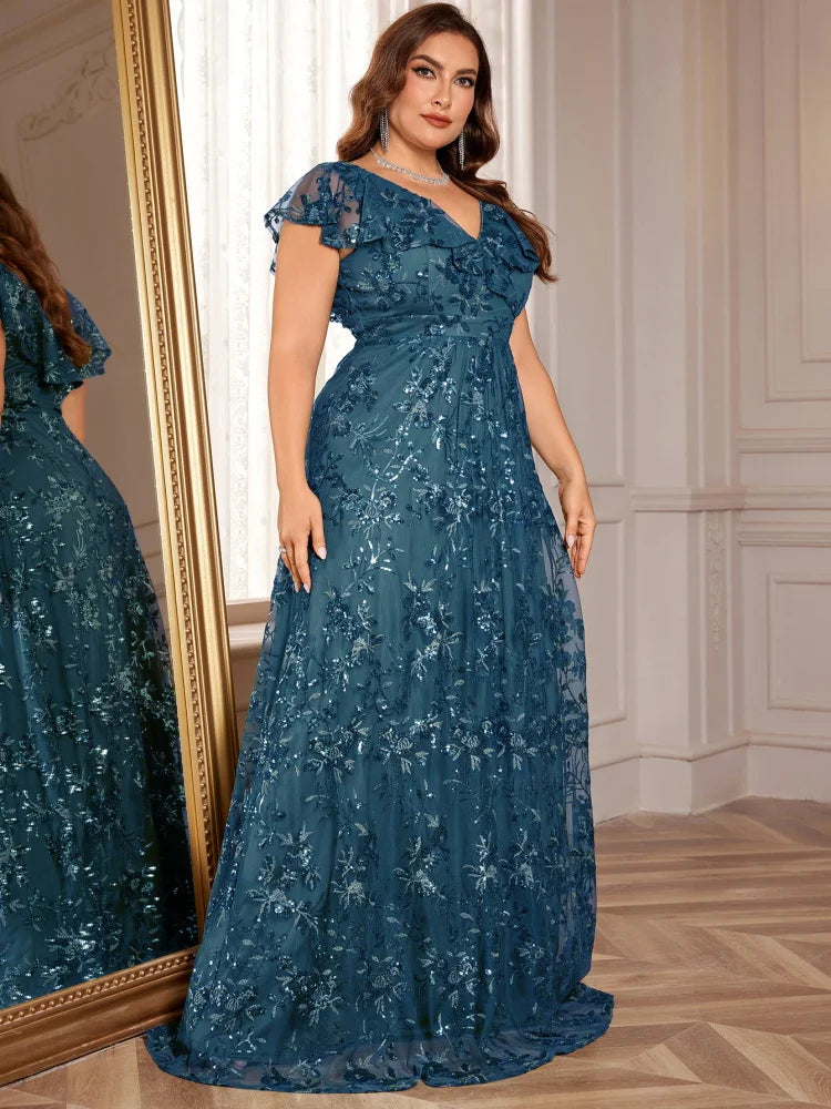 BluePlum Elegant Plus Size V-Neck Evening Dress | Blue Plum - Blue Plum