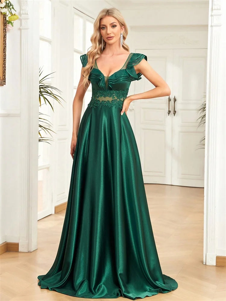 Luxury Green Satin Evening Dress - Sleeveless Deep V-Neck Maxi Gown | Blue Plum - Blue Plum