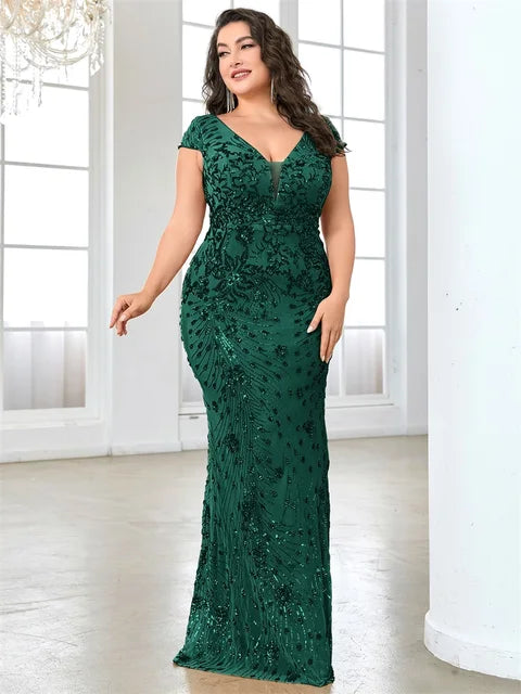 BluePlum Plus Size Elegant Sequin Evening Dress Long 2025 Women Mermaid Formal Deep V-neck Prom Luxury Wedding Party Dresses | Blue Plum - Blue Plum