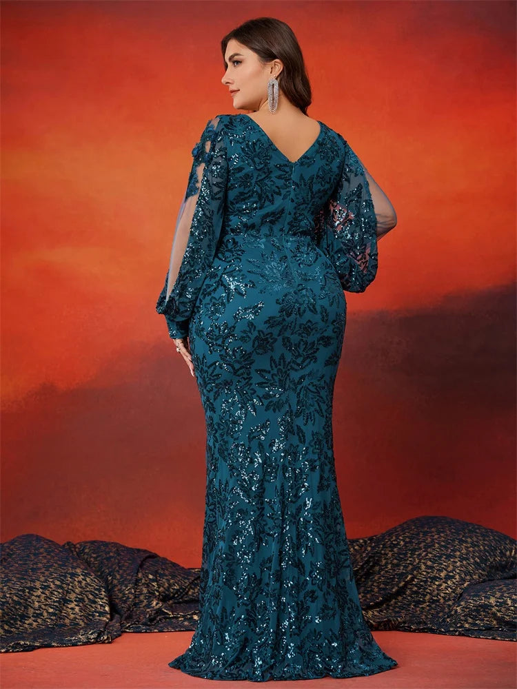 BluePlum Plus Size Elegant Long Sleeve Sequin Evening Dress Luxury Women Mermaid Wedding Party Formal Bridesmaid Prom Gowns | Blue Plum - Blue Plum