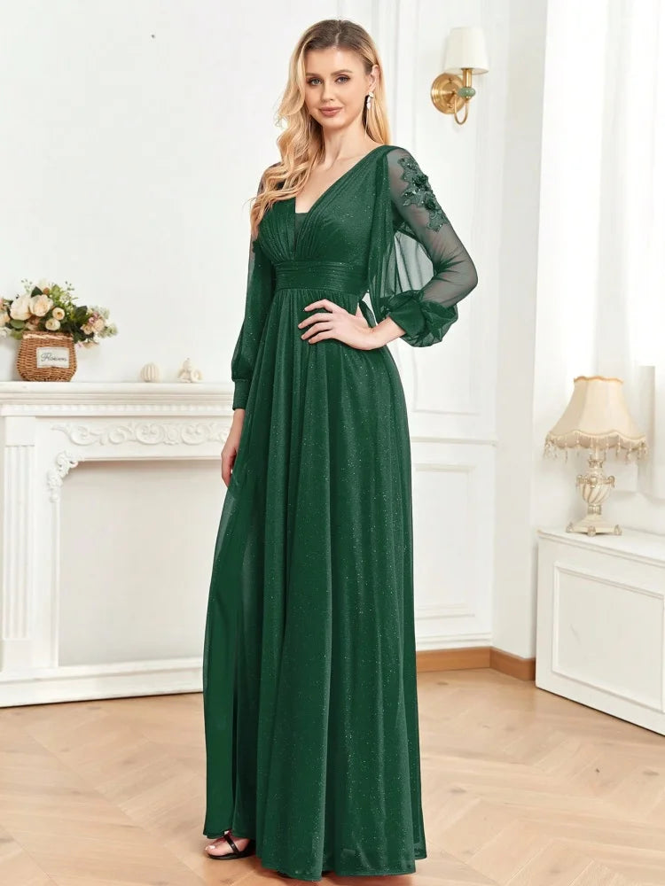 BluePlum Plus Size Elegant Women V-Neck Wedding Party Maxi Dress Luxury Long Sleeve Chiffon Evening Dress Long Prom Cocktail Dress | Blue Plum - Blue Plum