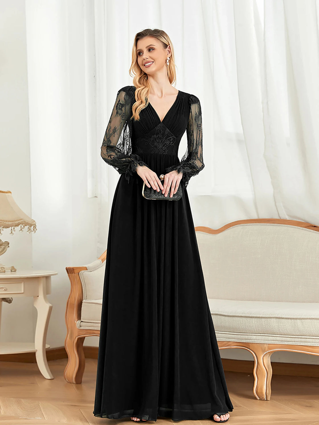 BluePlum Elegant Long Sleeves Tulle Embroidery Evening Dress 2025 Women Chiffon Slit Bridesmaid Wedding Party Dress Formal Prom | Blue Plum - Blue Plum
