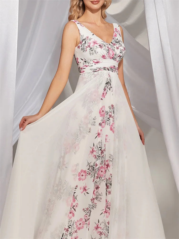 BluePlum Luxury Chiffon Printing White Backless Evening Dresses long 2024 Women Dress Wedding Bridesmaid Party Prom Cocktail Gowns | Blue Plum - Blue Plum