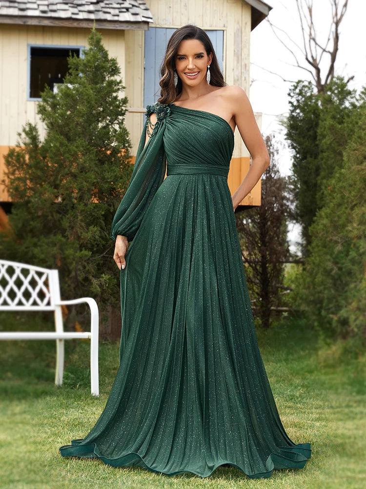 BluePlum Elegant one-shoulder Long Sleeves Sparkle Floor Length Evening Dress 2024 Green Flower Bridesmaid Party Cocktail Prom | Blue Plum - Blue Plum