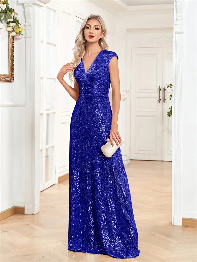 BluePlum Elegant V-neck Blue Sequins Evening Dress Luxury 2025 Women Long Formal Prom Wedding Party Dress Cocktail Gowns Vestidos | Blue Plum - Blue Plum