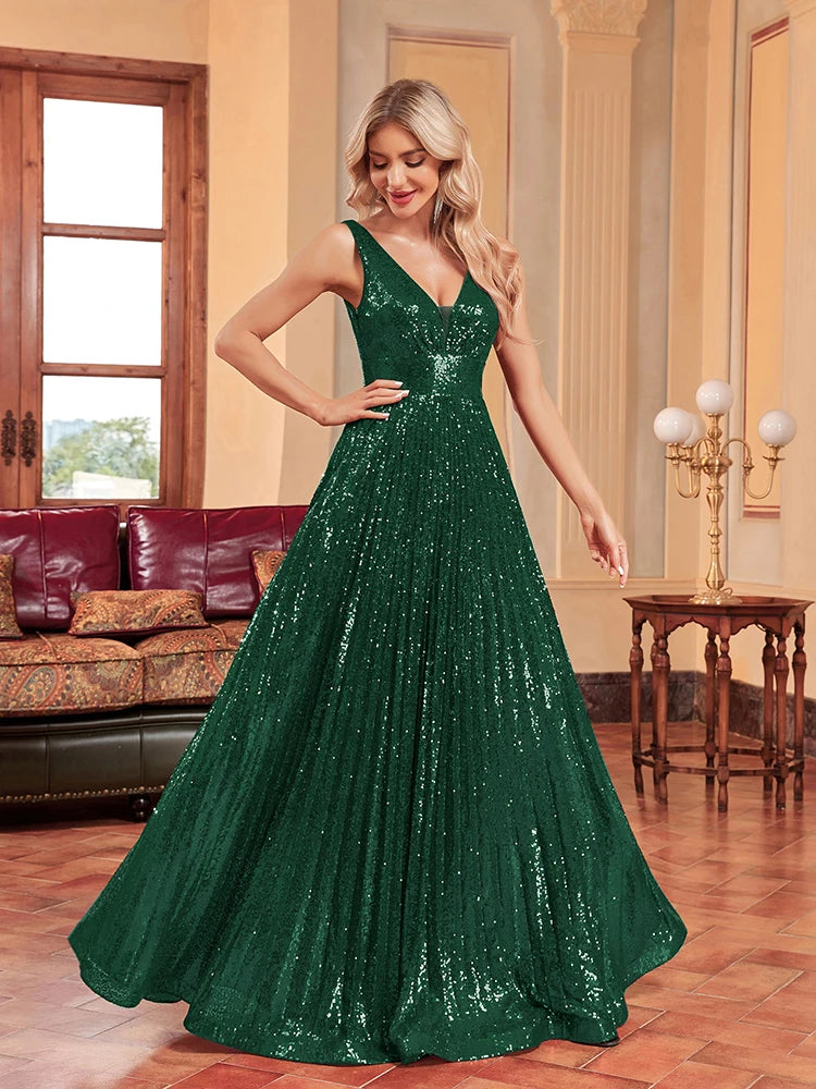 Luxury Luxury V-Neck Sleeveless Green Evening Dress Women Sequins Wedding Party Prom Maxi Cocktail Dresses Long Lenght Vestidos | Blue Plum - Blue Plum