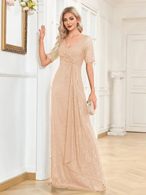Blueplum V-Neck Gold Evening Dress - Elegant Maxi Gown | Blue Plum - Blue Plum