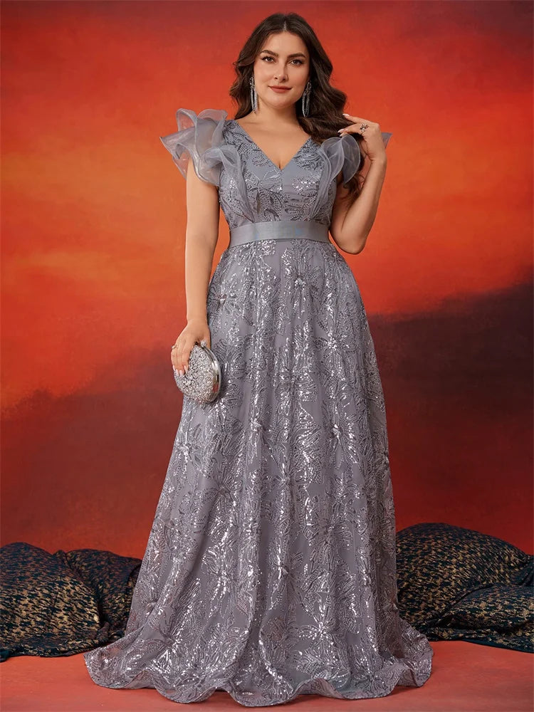BluePlum Plus Size Grey Sequins V-Neck Evening Dress | Blue Plum - Blue Plum