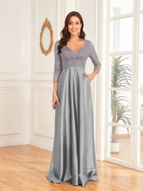 Luxury Deep V-Neck Sequins Evening Dress | Blue Plum - Blue Plum