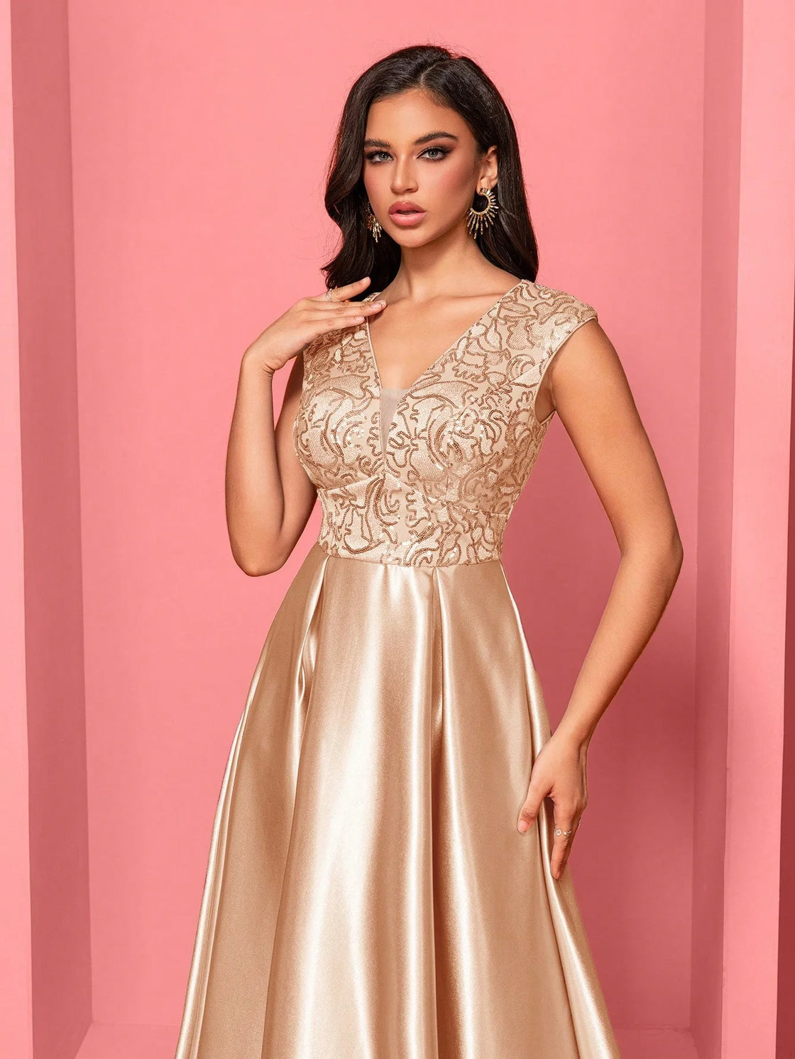 Luxury Blueplum Gold Satin V-Neck Sequin Evening Dress | Blue Plum - Blue Plum