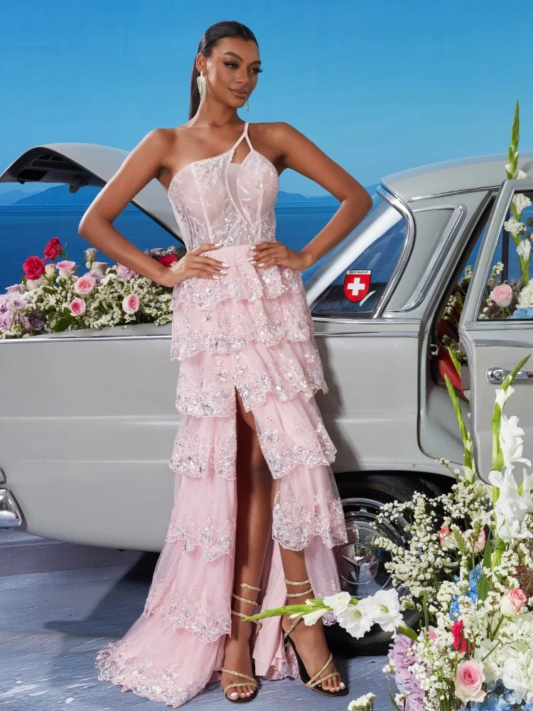 Luxury Oblique Shoulder Pink Slit Chiffon Mermaid Evening Dress | Blue Plum - Blue Plum